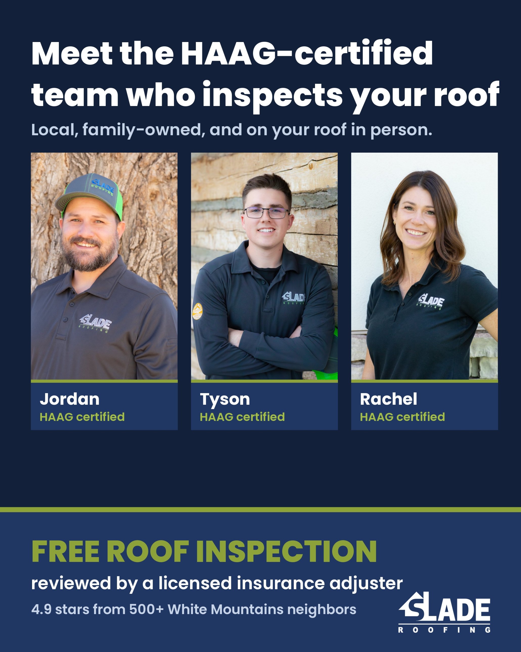 Jordan, Tyson and Rachel, Slade Roofing's HAAG-certified roof inspectors